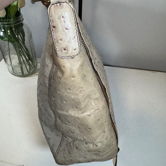 Furla Ostrich Embossed Leather Hobo Shoulder Bag Taupe Gold Zip - Picture 5 of 11